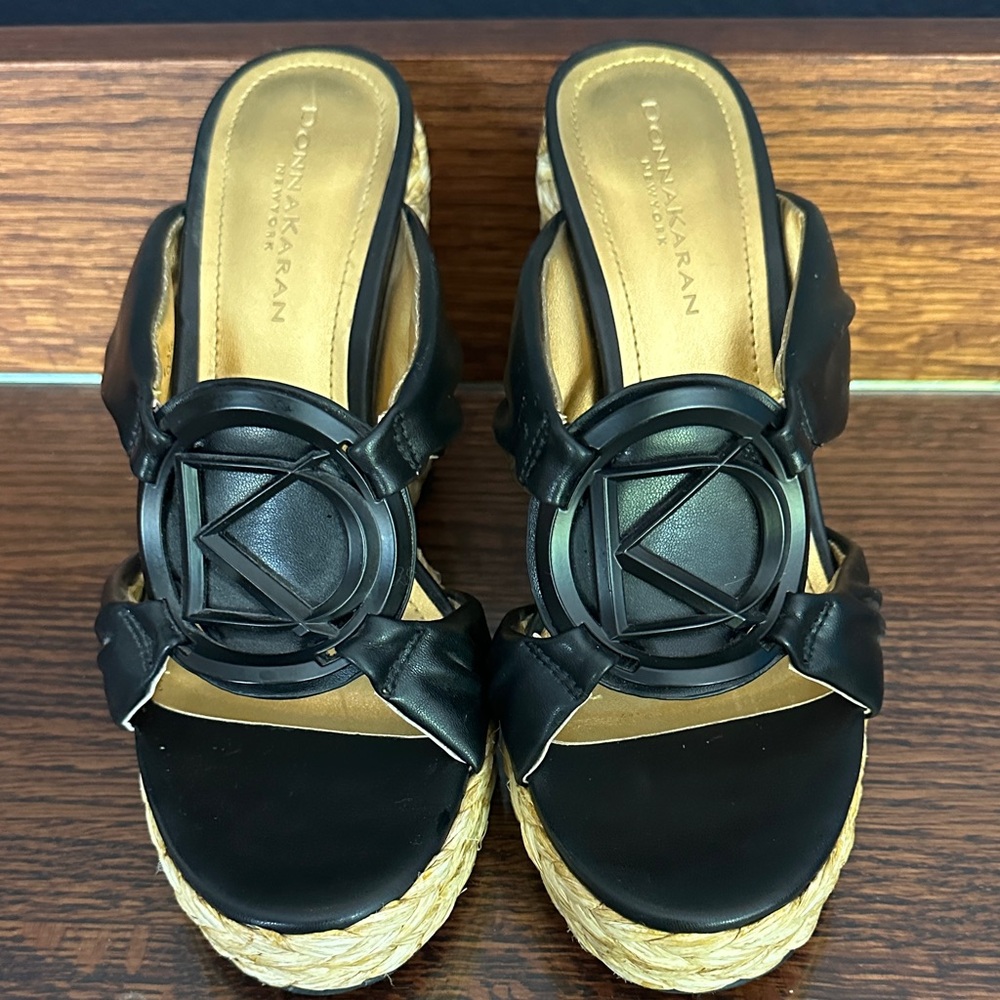 Donna Karan Black Leather Espadrille Wedge Mules